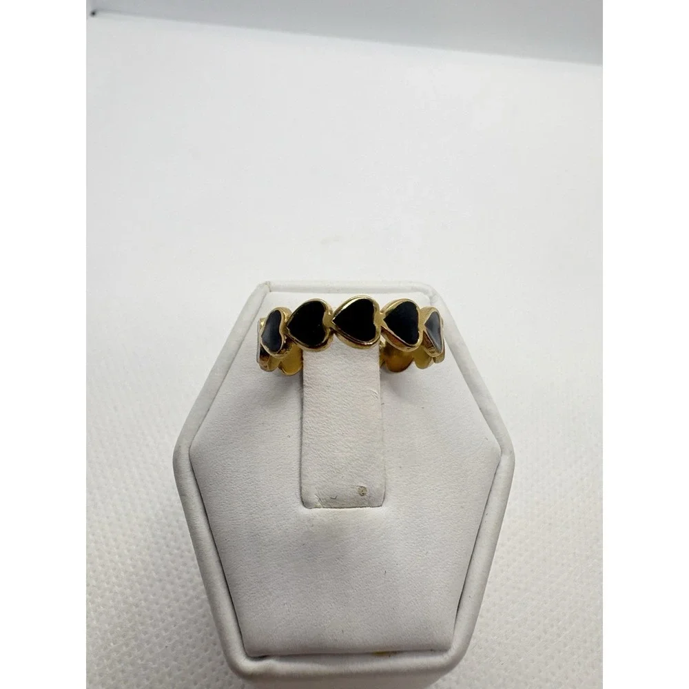 18K Gold‎ Plated Heart Enamel Band Ring Size 7 Open Adjustable Black Hearts Cute